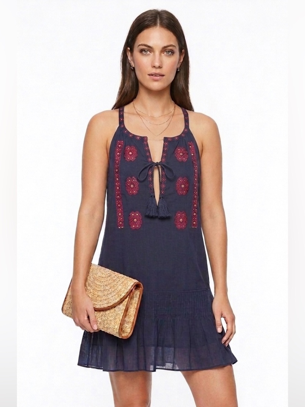 Saks 5th Avenue CARDIGAN by Lynne Hiriak Navy Embroidered Tassel Halter Dress